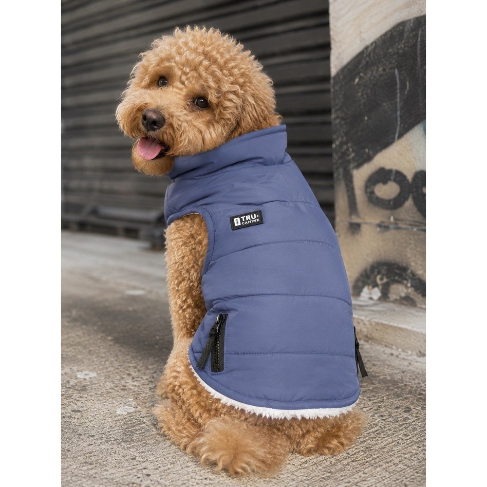 TRU Canine Blue Puffer Dog Coat Sherpa Lined Zip Vest Winter Jacket